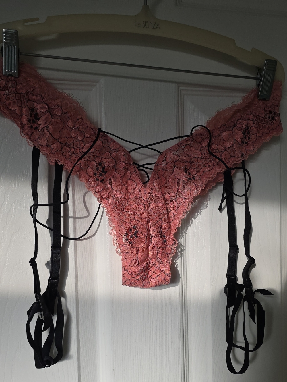 La SENZA Rose Apricot Lace Garter Cheeky/thong with Black Straps